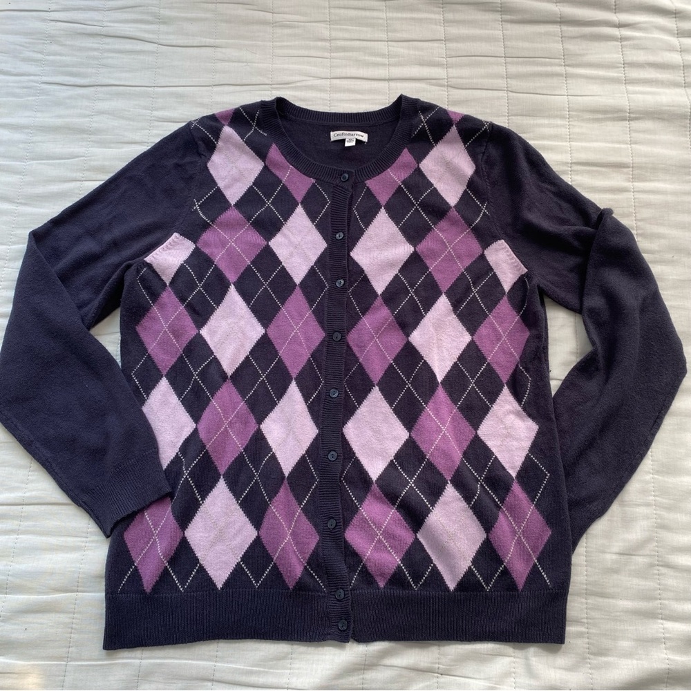 croft & barrow Navy Cardigan with Purple Argyle Pattern
